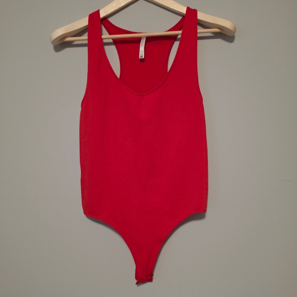 SWS Essentials Racerback V-Neck Thong Bodysuit Solid Red Size Large